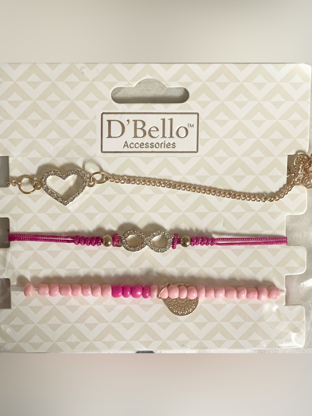 NWT D'Bello Pink & Gold Beaded Infinity Heart Bracelet Stack Set of 3